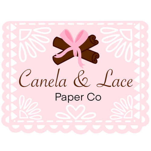 Logo of Canela & Lace Paper Co with a pink bow and cinnamon sticks on a pink lace background.